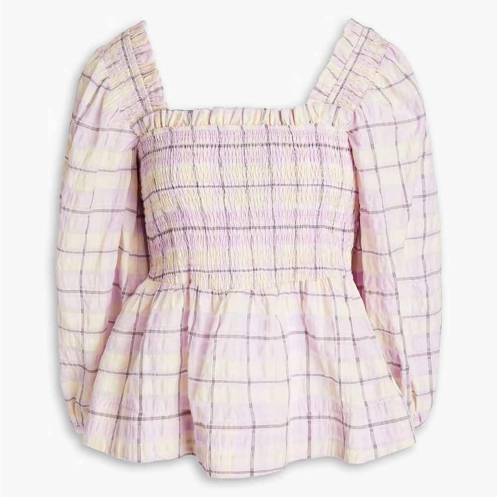 GANNI Shirred checked organic cotton-blend seersucker top NWT